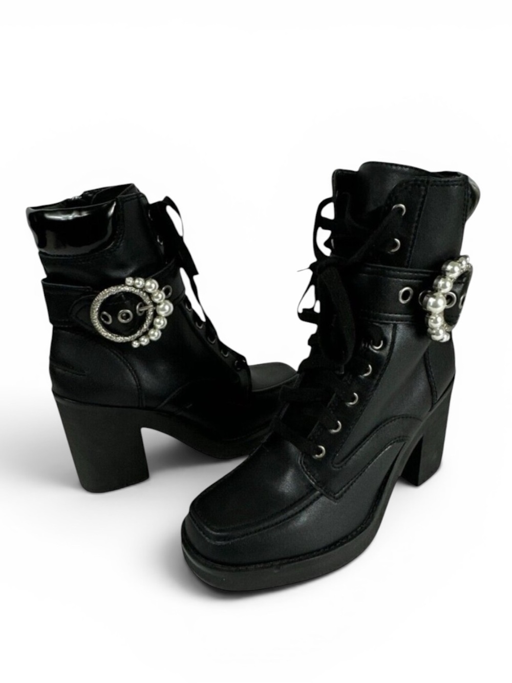 DKNY NWOB Dottie Women's 10M Black Leather Buckle Faux Pearl Heel Combat‎ Boots